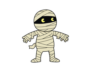 Cute cartoon mummy character with glowing yellow eyes and bandages standing with open arms on a white background for halloween