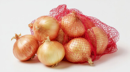 A group of fresh golden onions partially inside and outside a red mesh bag against a clean white background for natural food presentation
