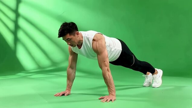 Man performing push-ups on a green background, showcasing fitness and strength training techniques
