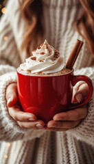 A girl in a white sweater holds a red mug of cinnamon whipped cream in front of her.