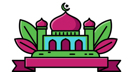 Vibrant mosque illustration with crescent moon and decorative leaves