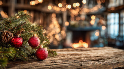 Fototapeta premium Festive red Christmas ornaments and pine cones nestled in green pine branches with warm glowing lights and a cozy fireplace in the background atmosphere