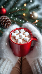 Close-up of a woman's hands in white mittens holding a mug with cocoa and marshmallows