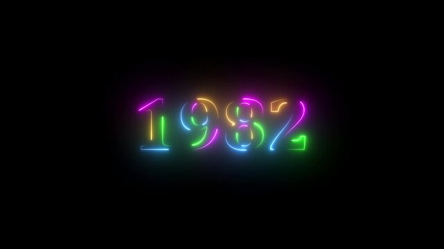 1982 neon line text. Abstract 1982 neon text animation, Glowing neon number text background 4k animation. Concept of counting years. Past year technology concept.