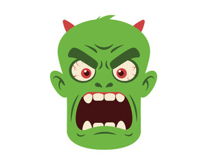 Fearsome green monster face with sharp teeth and red horns expressing rage and anger with wide open mouth