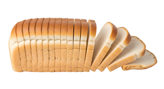 Sliced loaf of soft enriched white sandwich bread, fresh baked staple food ingredient isolated PNG with Transparent Background