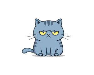A grumpy blue cartoon cat with bright yellow eyes and striped fur sits looking directly at the viewer with a stern expression