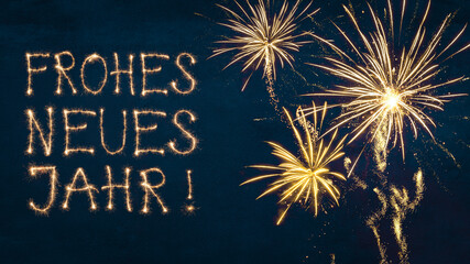 Frohes neues Jahr Grußkarte, Silvester Karte mit deutschem Text - Rahmen aus goldenem Feuerwerk,...