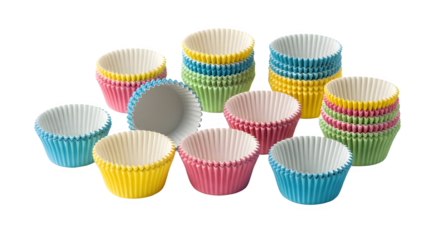Brightly colored paper cupcake and muffin liners for baking supplies and party food preparation isolated PNG with Transparent Background