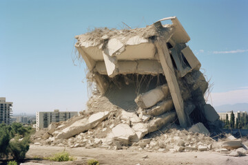 Urban building collapse and demolition with sunlight streaming through concrete ruins