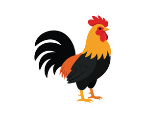 A vibrant stylized illustration of a proud rooster standing tall with its colorful plumage against a clean white background