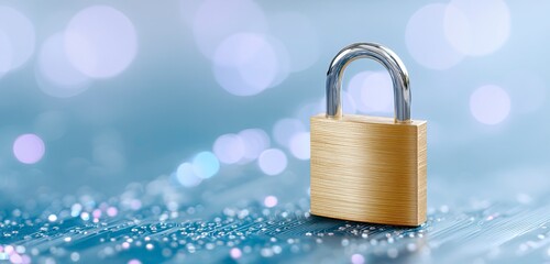 Golden padlock on blue circuit board with bokeh lights