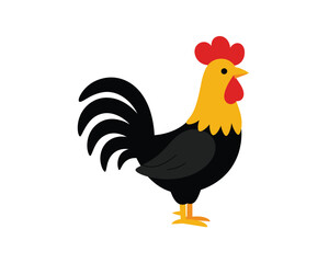 A stylized cartoon illustration of a proud rooster with a bright yellow neck and black tail feathers standing against a white background