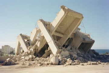 Urban building collapse and demolition with sunlight streaming through concrete ruins