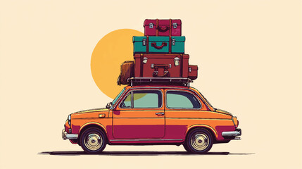 Vintage Orange Car Loaded with Luggage Ready for a Road Trip Adventure against a Mellow Yellow Background Evoking Wanderlust and Nostalgia
