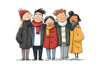Group of friends illustration celebrating new year together outdoors.