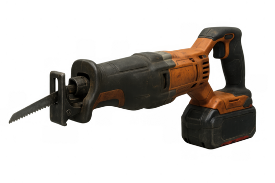Reciprocating saw with attached blade, a powerful portable cordless cutting tool for construction and demolition