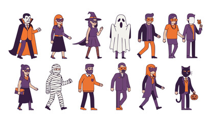 Collection of diverse characters dressed in various Halloween costumes, including vampires, mummies, witches, and ghosts