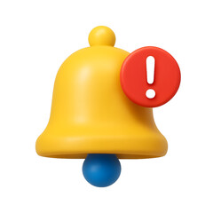 A bright yellow bell with a blue clapper and a red notification bubble with a white exclamation mark is shown 3D isolated on a transparent background