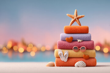 Colorful stacked towels, decorated as a christmas tree, sitting on sand with ocean background.Towels forming christmas tree on beach for new year travel.Travel agency advertising. Travel bloggers.