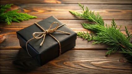 A simple, elegantly wrapped present sits on a rustic wooden surface, adorned with sprigs of evergreen, suggesting a thoughtful gift or celebratory occasion.
