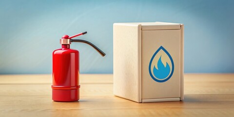 Safety Preparedness Miniature Fire Extinguisher and Flammable Material Container on Wooden Surface
