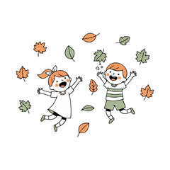 Fototapeta premium Cheerful children jumping and playing in a flurry of vibrant autumn leaves, celebrating the joyous spirit of the fall season outdoors with boundless energy