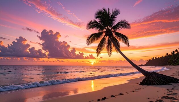 Pixelated tropical beach sunset with silhouetted palm tree casting long shadow over wet sand ocean waves crashing ashore with vibrant orange pink clouds and golden sun reflection on calm sea water
