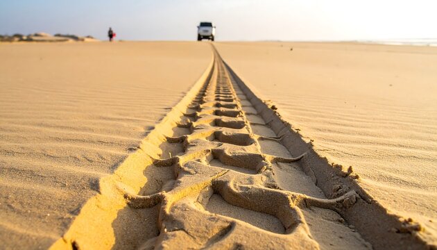 Perspective view of a sandy beach. Tire tracks lead towards a vehicle in the distance. A person walks on the horizon. Soft light bathes the scene