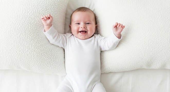 Joyful baby lying on a soft white pillow expressing happiness and contentment at home with innocent glee