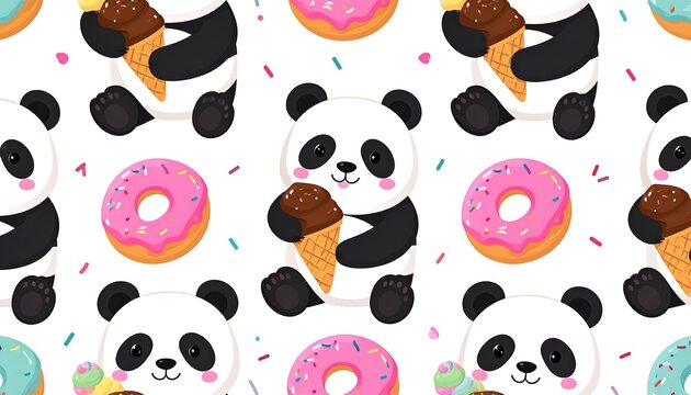 Playful repeat pattern of adorable pandas enjoying treats like ice cream cones and donuts on a white backdrop, with colorful sprinkles