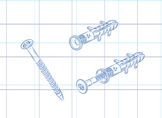 Dowel and screw composition drawing in graphic style on light background