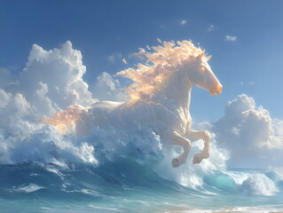 Majestic horse leaps through waves under vibrant clouds symbolizing the year 2026