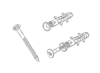 Dowel and screw composition drawing in graphic style on white background
