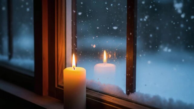 Burning candle by a frosty window during snowfall, reflecting warm light in the glass, symbol of hope, peace and cozy winter evening at home
