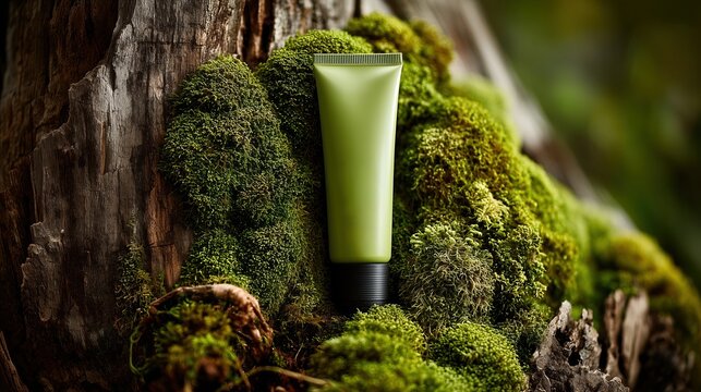 Tube de cosm&eacute;tique vert pos&eacute; sur mousse naturelle dans for&ecirc;t