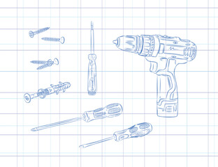 Construction tools set composition cordless drill, screwdriver, screw drawing in graphic style on light background