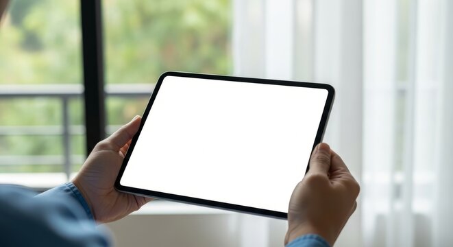 Man using digital tablet for communication or entertainment with blank screen mockup interface - Powered by Adobe