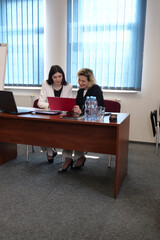 Women during a business presentation point to charts on the flipchart while discussing strategy.