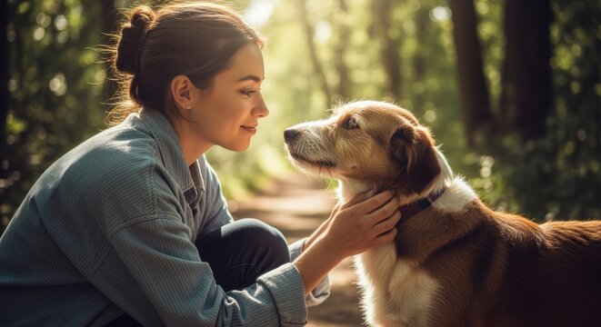 A young woman and her dog sharing an affectionate moment in a sunlit forest. Pet owner and canine friendship. Human-animal bond and companionship concept