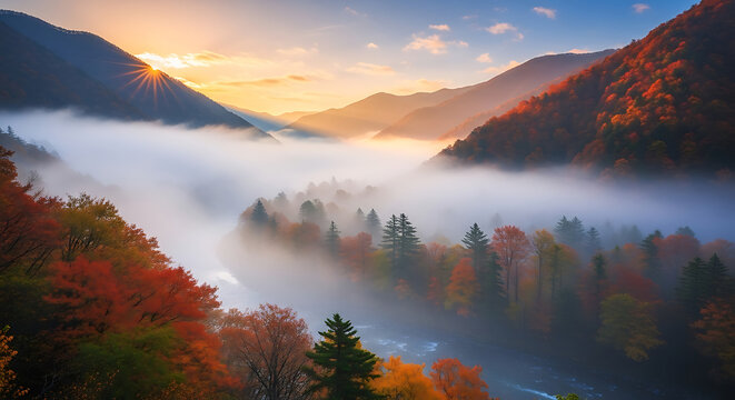 Sunrise over misty mountain valley