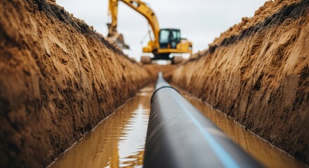 Excavator installing new black water pipes into a trench for municipal infrastructure project