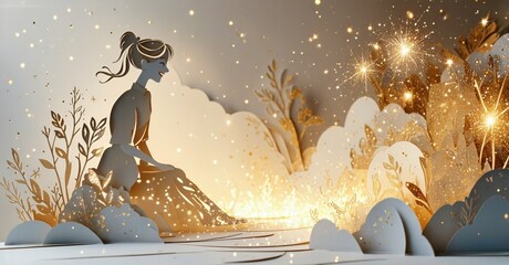 Naklejka premium Stylized illustration depicts woman near glowing light source. Papercraft aesthetic creates magical, dreamlike scene with foliage.