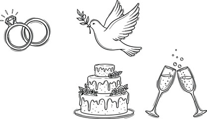 Doodle icons of engagement and wedding symbols rings, dove, wedding cake, and champagne, elegant sketch vector.