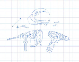 Powerful rotary hammer and regular drill set drawing in graphic style on light background