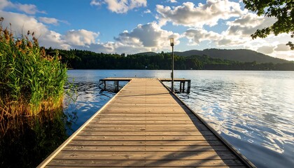 Perspective view of a wooden dock extending into calm water, leading the eye toward a wooded shoreline under a cloudy sky. A lamp post stands on the dock
