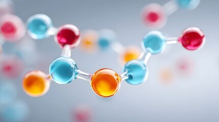 3D rendering of a scientific molecular model illustrating interconnected vibrant spheres representing atoms and transparent bonds symbolizing chemistry or biology