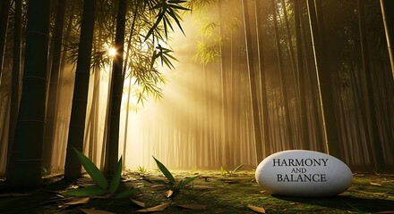 Harmony and balance stone in bamboo forest with sun rays, a serene and peaceful scene promoting wellness, meditation, and mindfulness
