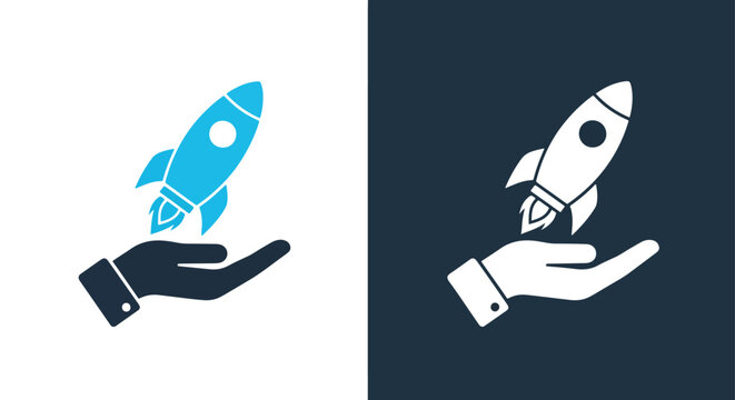 Hand holding rocket launch icon - Vector icon symbol for website - Icon vector - Blue icon vector - Line and glyph solid icon and logo template