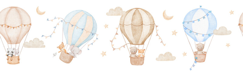 Naklejka premium Seamless watercolour border with blue and beige hot air balloons and baby animals, hand drawn repeating illustrations for kids